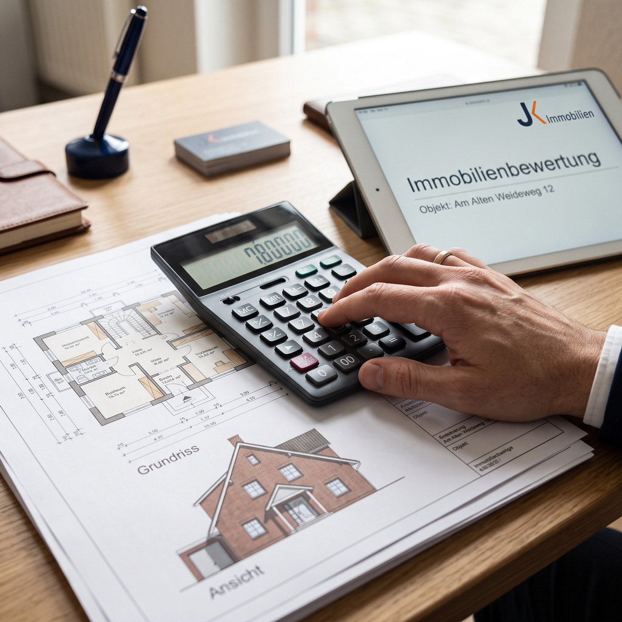 Immobilienbewertung am Schreibtisch mit Grundriss, Taschenrechner und Tablet