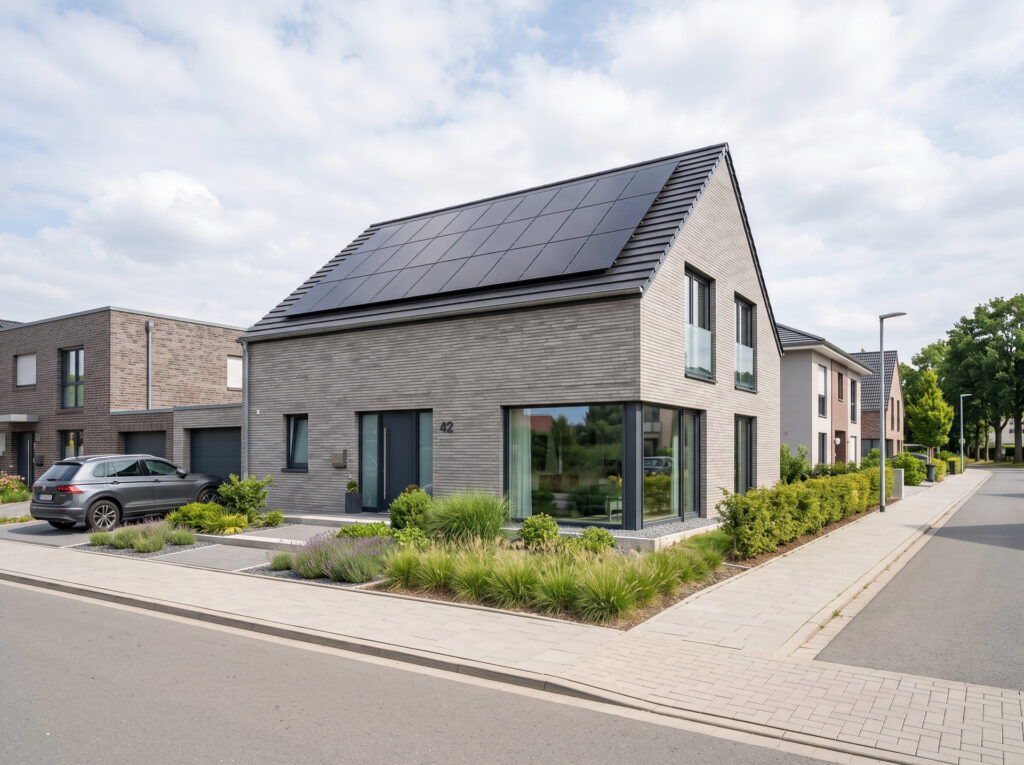 Neubau-Einfamilienhaus mit grauer Klinkerfassade und Photovoltaikanlage