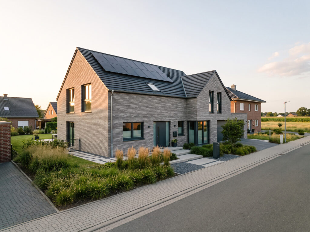 Einfamilienhaus mit Klinkerfassade und Solardach im Abendlicht