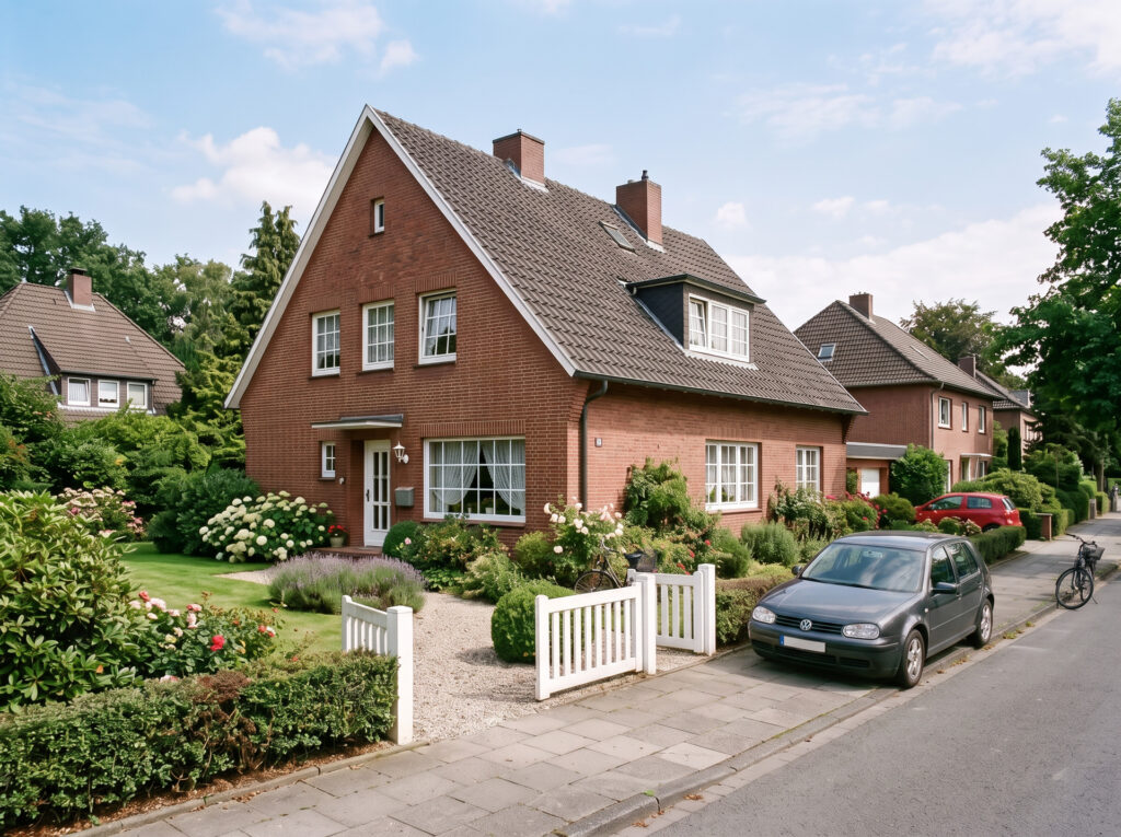Klassisches Einfamilienhaus aus rotem Klinker mit gepflegtem Vorgarten
