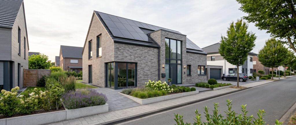 Modernes Einfamilienhaus mit Klinkerfassade und Solardach in einer Wohnstraße im Münsterland