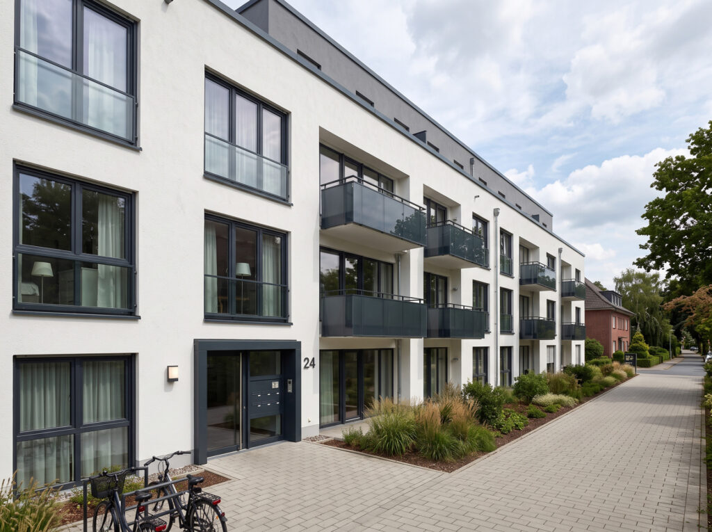 Modernes Mehrfamilienhaus mit heller Fassade und Glasbalkonen