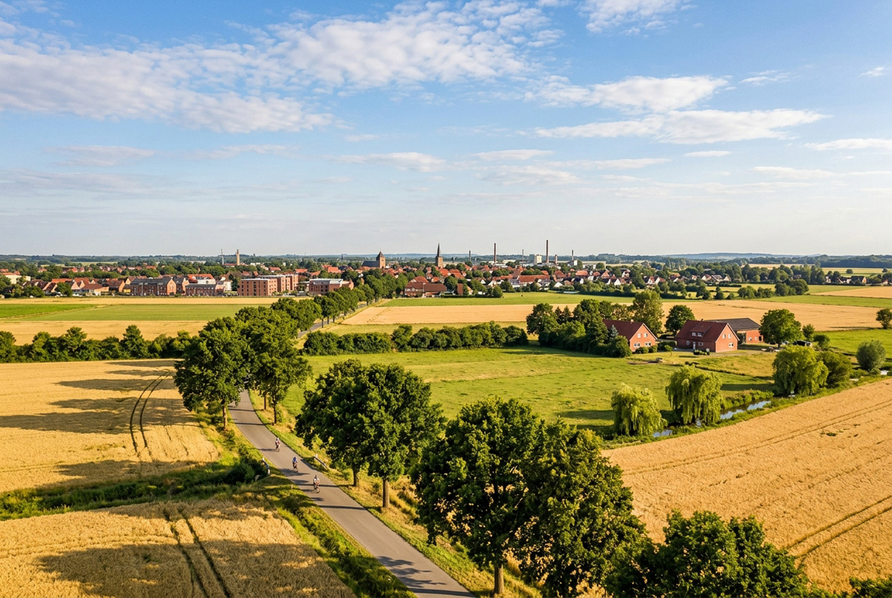 Luftaufnahme einer Ortschaft im Westmünsterland mit Feldern und Allee