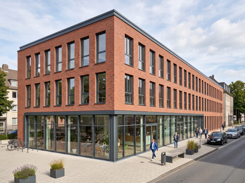 Gewerbeimmobilie mit Klinkerfassade und verglastem Erdgeschoss