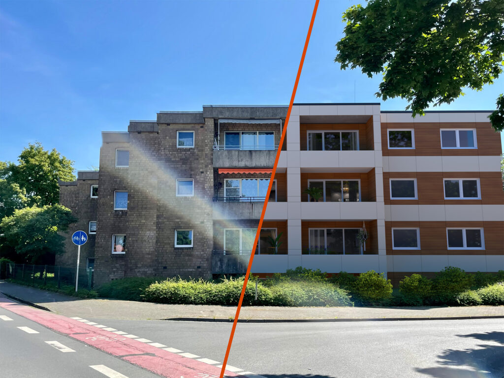 Vorher-nachher-Visualisierung eines Mehrfamilienhauses: links der Bestand, rechts die modernisierte Fassade